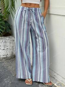 SHEIN PETITE Women's Long Woven Fabric Striped Casual Wide Leg Pants With Drawstring Waist