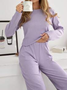 SHEIN Cottnline Plus Size Women Rib Knit With Round Neck Long Sleeve Shirt&Pants Homewear Comfort Lounge Pajama Set - Lilac Purple - View 1