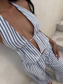Aloruh Striped Backless Halter Top & Wide Leg Pants 2 Pieces Vacation Set - Navy Blue - View 6