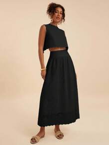 Travachic 两件套女士纯色梭织无袖露脐宽松吊带背心和高腰半身裙，秋冬春夏皆宜，美丽连衣裙，露脐上衣和半身裙套装，休闲女装风格，秋季女装，时尚秋季，外出装，优雅套装，婚礼宾客礼服，婚礼宾客套装 - 黑色 - 查看 6