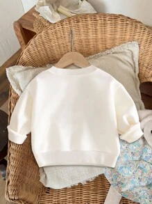SHEIN 女婴休闲简约可爱“DADDY'S MINI”字母图案白色宽松羊毛圆领套头衫，女婴秋冬装 - 白色 - 查看 3