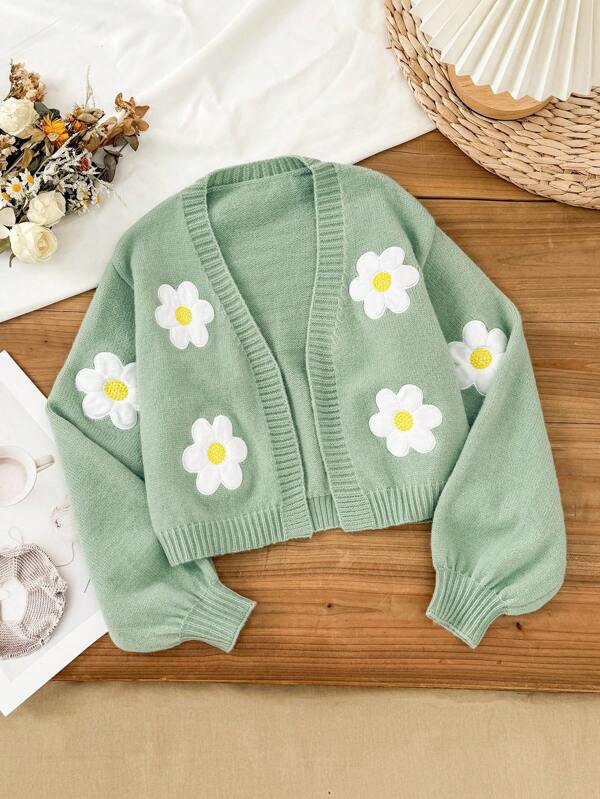 SHEIN Vintaside Kids 1pc Girls' Fashion Floral Knit Cardigan, Green Girls Cardigan Sweater Green Cardigan For Girls Daisy Cardigan Cropped Cardigan Kids Cardigan