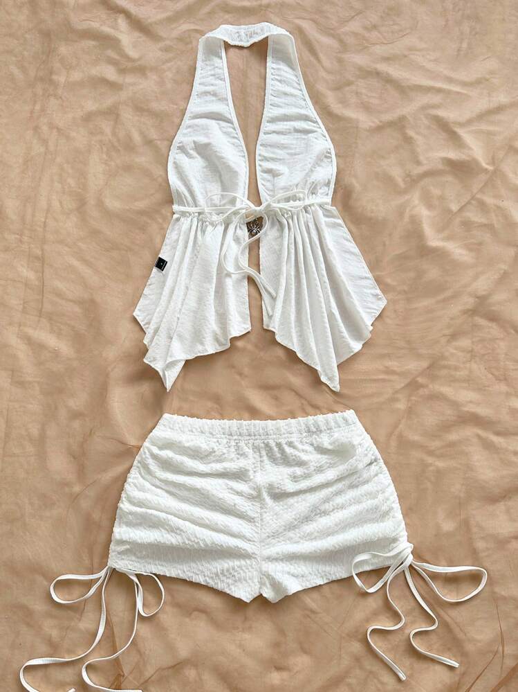 Soleia Women's Vacation 2 Pieces Set: Cream White Textured Knit Halter Backless Tie Crop Top And Low Waist Ruched Drawstring Shorts, Suitable For Holiday Dates, Afternoon Tea, Parties, Beach, Cruise, City Vacation, Island Vacation, Music Festivals, Boho Vacation, Can Be Worn Inside Or Outside As A Beachwear Set Women Summer Set White Summer Outfit Two Piece White Set White Two Piece Set Vacation Outfits Women White Beach Outfit White Two Piece Set Women Two Piece White Set Women Women Summer Outfit Set - White - View 2