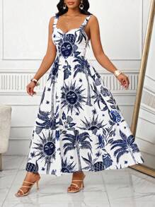 SHEIN Lady Suspender Dress Print Sundress Blue & White Graphic Print Cinched Waist Backless Strap Dress, Casual Vacation Style Wedding Guest Dress Women Vacation Outfits Woman Beach Outfits For Woman Business Casual Woman Birthday Dresses For Women Festival Graduation Dress African Woman Clothing Women Dresses Summer Tropical Dresses For Women Birthday&Event Dresses /Office Dresses /Church Dresses/Wedding Dresses /Holiday Dresses /4th Of July Dress
