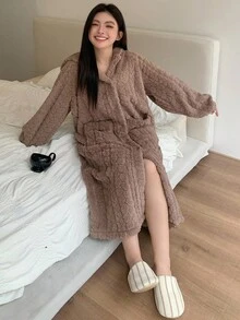Dazy Plus Plus Size Women's Textured Flannel Hooded Fluffy Robe, Thick Warm Sleepwear For Winter,Thermal Lined, Fall, Cozy