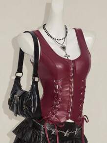 SHEIN ICON Y2k 女士哥特风酒红色露背纯色 PU 皮革系带设计时尚 PU 皮革上衣