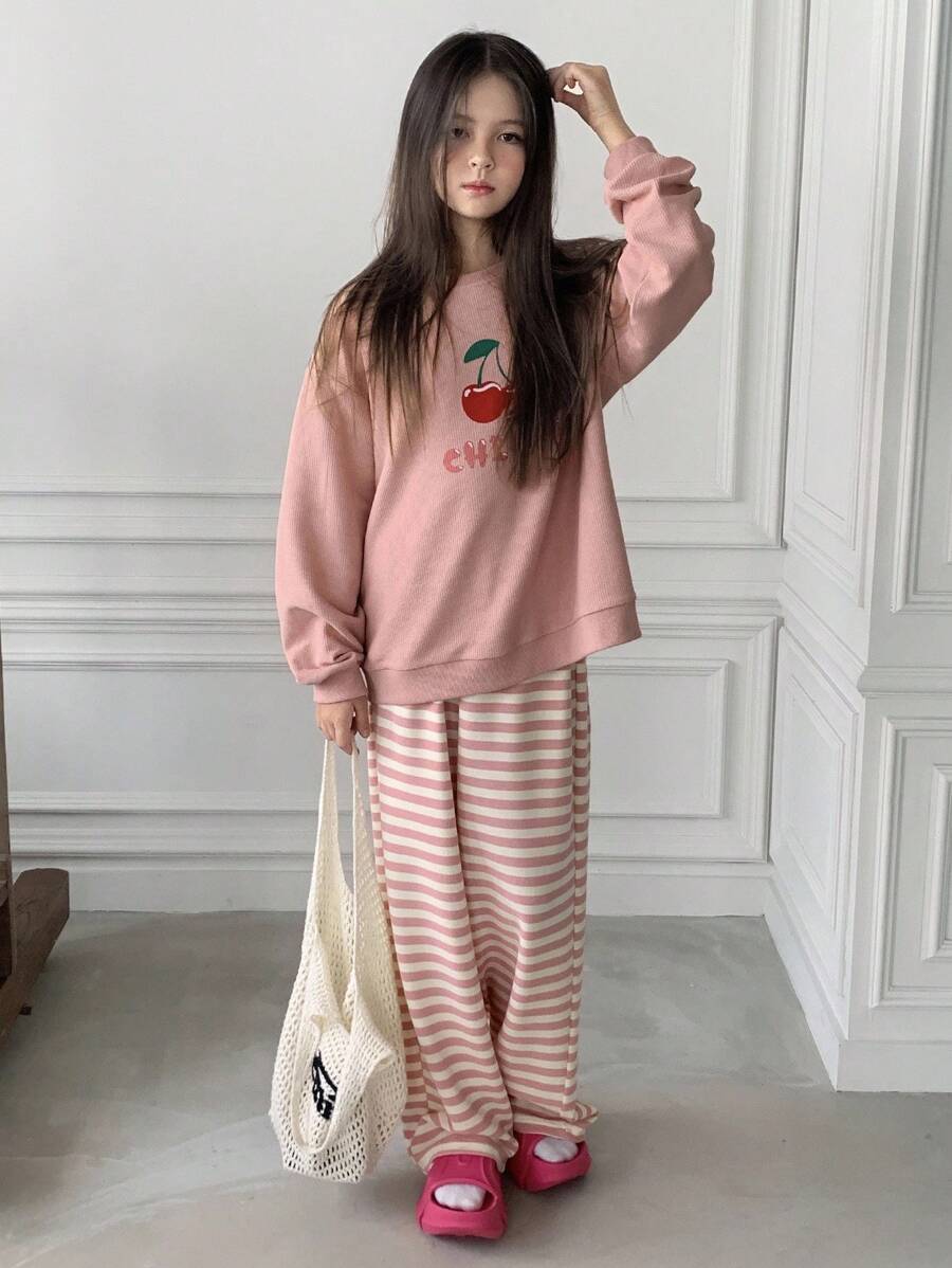 DAZY Tween Girl Comfortable Casual Cherry Print Crew Neck Long Sleeve Top And Pants Set Fall,Winter - Pink - View 1