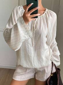 Livesso 女式条纹宽松系带长袖衬衫 - 米色 - 查看 5