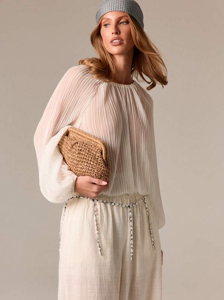 AiiRZ Elegant Pleated Chiffon Blouson Blouse Balloon Sleeve Wide Leg Elastic Waist Holiday Resort Wear Relaxed Fit Evening Party Occasion Wear - White - View 2