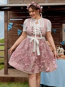 SHEIN Frenchy Plus Size Traditional Lace Patchwork Textured Jacquard Fabric A-Line Waist Cinched Square Neck Dress, Suitable For Oktoberfest, Dirndl,Fall Clothes For Women