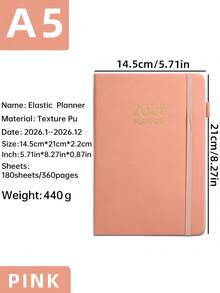 SHEIN 1 New 2026 A5-Size Thickened English Planner, 180 Sheets (360 Pages) Thick Annual Calendar Book, 365-Day Daily Planning Agenda Book, A5 Elastic Band Notebook For Daily Life, Office Scenarios And School Use