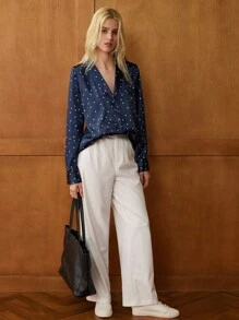 Écloséra 2pcs Women Blue Polka Dot Top And White Pants Set Fall Cloth For Women - Royal Blue - View 4