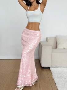SHEIN EZwear Falda elegante de mujer con cola de sirena y lentejuelas de unicolor - Rosa - Ver 4