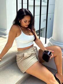 NegzBox Women's Solid Color Drawstring Waist Spring Shorts - Khaki - View 4