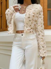 Serisse 女士法式休闲时尚通勤亮片装饰仿皮草外套，节日亮片毛绒外套，适合日常通勤。秋季女装、冬季女装、四季皆宜、冬季女装、休闲办公女装、法式风格、商务休闲女装、优雅、通勤、简约、办公室、复古、简约、日常穿着、国庆节、新年女装、舒适的秋冬女装 - 杏色 - 查看 1