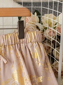 SHEIN LUNE 大码女式优雅金箔松紧腰抽绳裤 - 杏色 - 查看 3