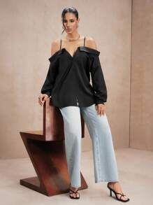 SHEIN Unity Women's Personalized Sexy Fashion Spaghetti Strap Cold Shoulder Minimalist Solid Color Blouse, Spring/Autumn - Black - View 3