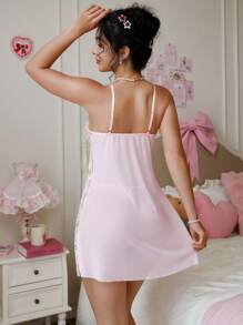 PetitDoll 2 件套粉色蕾丝吊带裙，性感开衩睡衣，外出 - 粉色 - 查看 2