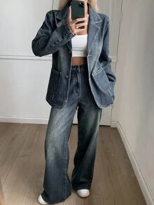 Strévra Women's Autumn Lapel Jacket And Loose Fit Jeans Set