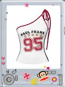 Paul Frank X ROMWE 女士撞色饰边数字印花街头风格单肩上衣 - 白色 - 查看 3