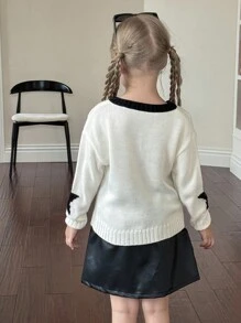 SHEIN Young Girl Letter & Number Pattern V-Neck Fitted Casual Sweater,In Fall/Winter - White - View 2