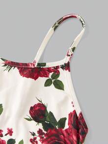 Girlism TEENGIRL Casual Minimalist Blue & White Floral Print Dress, Vacation Outfit, Bohemian Style, Hawaiian Clothing, Country Style, Summer Ruffled Spaghetti Strap Long Dress - Multicolor - View 3