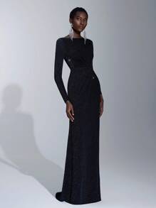 Elitara Women's Shiny Twist Knot Long Bridesmaid Dress (Adult) Black Elegant Long Sleeve Formal Evening Prom Wedding Guest Gown, For Graduation, Dinner Party Dress - Black - View 7