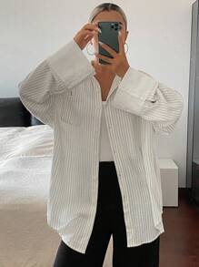 Livesso Camisa holgada de mujer con rayas y parches, de manga larga - Blanco - Ver 3