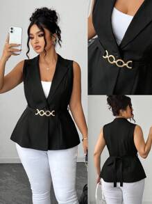 Elenzga لا تنفد أبدًا من الأناقة، مجموعة الأناقة الغريبة (أنا بحالة سيئة) (جمالية الأربعاء) بلوزة كبيرة الحجم من قماش منسوج أنيقة وقابلة للتنوع، تصميم ياقة مميز، خط أميرة لتنحيف الخصر، زخرفة إبزيم معدني، بدون أكمام، مناسبة للتنقل والتسوق والترفيه، مناسبة لمناسبات متعددة، جذابة للتصوير، قماش مريح، طراز مميز، أداء عالي الجودة