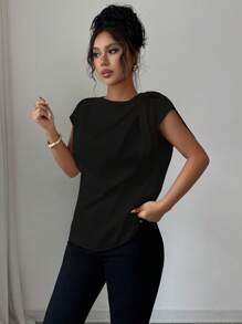 SHEIN Raffinéa 优雅纯色缎面衬衫，女式夏季精致扭纹领上衣，小众设计 - 黑色 - 查看 3