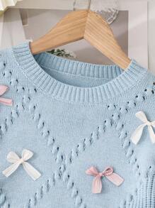 SHEIN Genkimix Kids 青少年女孩返校休闲蝴蝶装饰圆领毛衣，柔软、温暖、百搭、舒适，适合秋冬季 - 藍色 - 查看 6