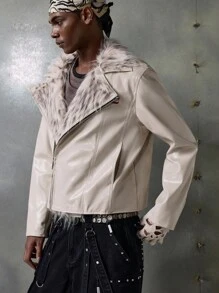 NEON BLANC Men's Patchwork Fuzzy Long Sleeve Zip-Up Moto Jacket, Fall/Winter, Couple Things - White - View 2