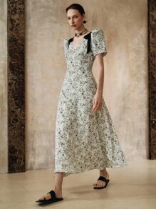 EMERY ROSE Rochie elegantă de damă, cu decolteu în V, model floral, cu nod și mânecă scurtă, în talie, potrivită pentru școală, vacanță, întâlniri, primăvară/toamnă - Alb-negru - Vizualizare 6
