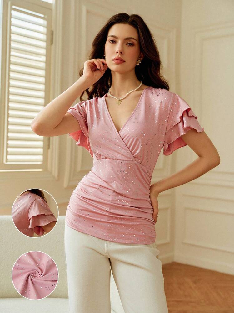 SHEIN Clasi Women's Elegant Top With Foil Printing And Ruffle Sleeves - Pink - View 1