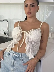 Lucia Bellido Textured Jacquard Fabric Slit Hem Bohemian Style Camisole - Beige - View 6