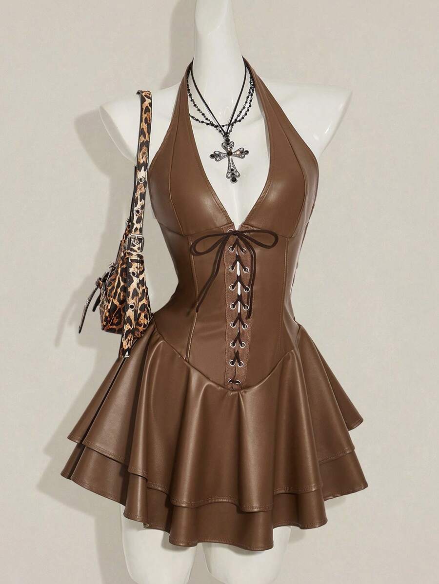 SHEIN ICON 女士 Y2k 时尚辣妹演唱会女装俱乐部派对节日狂欢装 Y2k 外出交叉带 PU 皮革露背迷你吊带黑色连衣裙 - 棕色 - 查看 1
