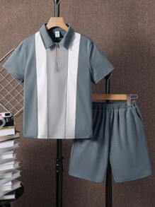 Bộ 2 áo thun polo và quần short màu trơn đơn giản cho bé trai tuổi teen, thích hợp mặc đi làm, đi học, mặc thường ngày và chơi thể thao, mùa xuân/hè - Màu xanh lam - Xem 3