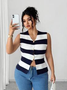 Elenzga Elegant Fitted Button-Up Knit Top - Multicolor - View 1