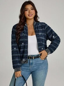 Comfylo Plus Size Women Striped Glitter Baseball Jacket In Fall/Winter - Blue - View 4