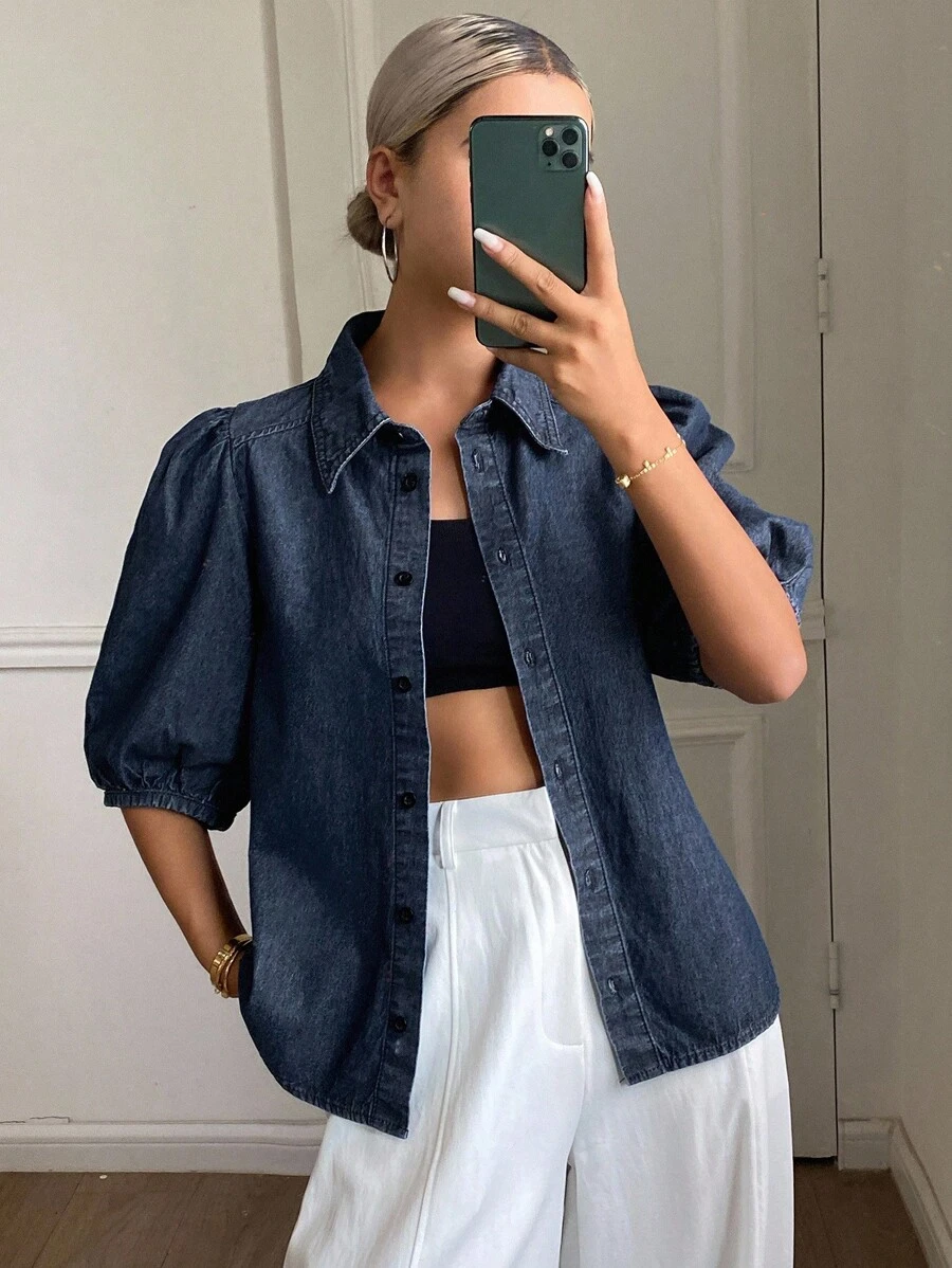 Livesso 女式夏季翻领泡泡袖收腰牛仔衬衫