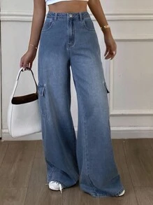 Livesso Women's Casual Washed Wide Leg Cargo Jeans - Light Wash - View 5