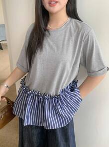 Dazy Plus Contrast Color Block Striped Round Neck Loose Short Sleeve Casual T-Shirt For Girls, Early Autumn - Grey - View 6