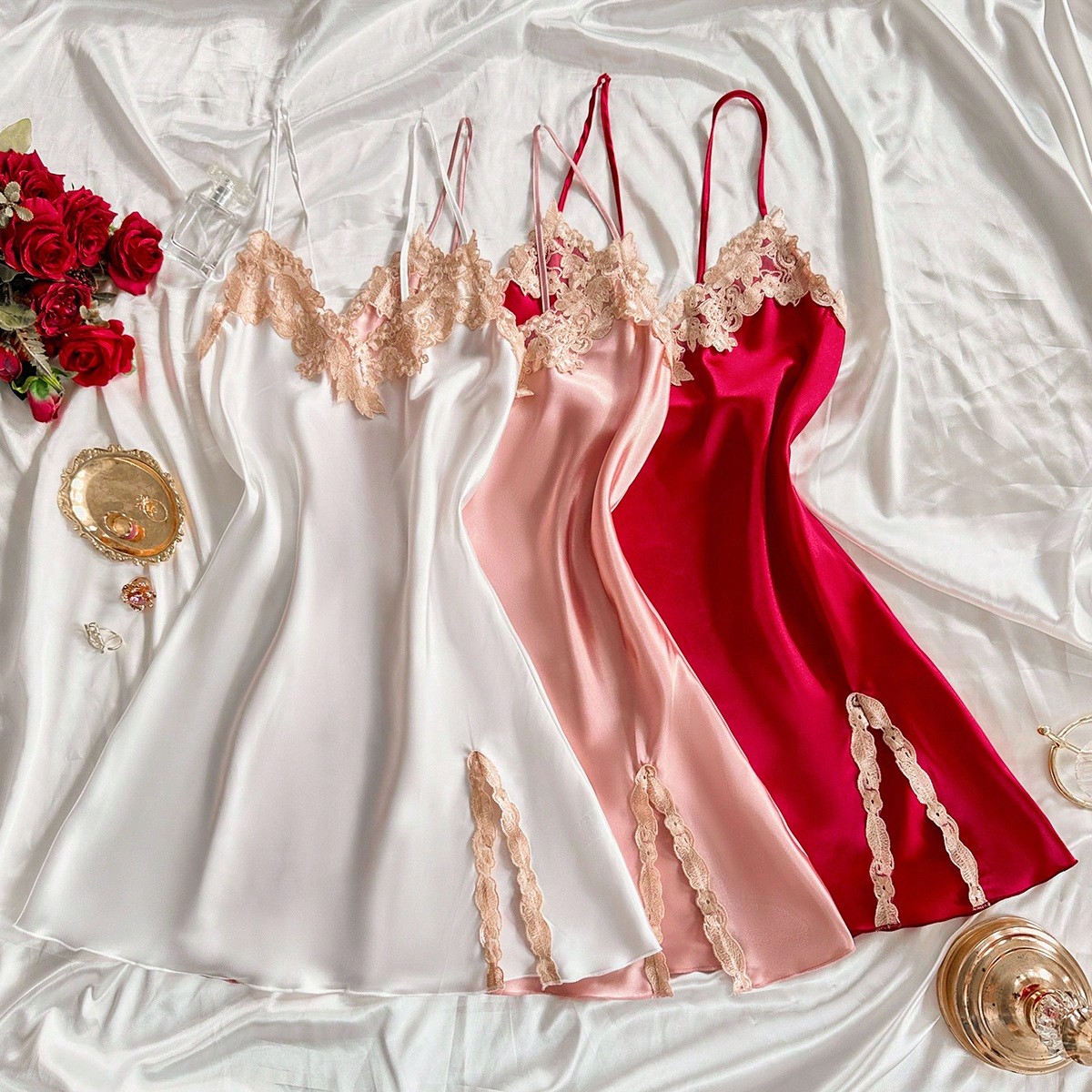 Conjunto de 3 piezas de vestido de tirantes con escote profundo sexy para mujer, elegante combinación de satén de varios colores, con encaje bordado