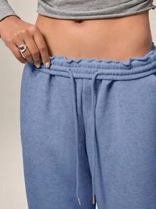 SHEIN Forever 21 秋冬新款休闲加厚抓绒弹力腰阔腿运动裤百搭显瘦 - 淺藍色 - 查看 5