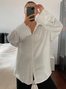 Livesso Camisa holgada de mujer con rayas y parches, de manga larga - Blanco - Ver 5