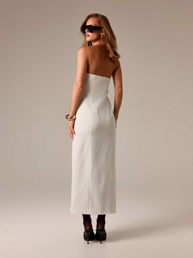 Button Down Pinstripe Bandeau Maxi Dress With Front Slit