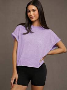 SHEIN Essnce Plus Size Women's Spring And Summer Fashion Casual Comfortable Loose Daily Purple Backless Short-Sleeved T-Shirt,Summer For Women,Going Out Tops,Y2k,Concert Women,Backless Top,Streetwear,Open Back Top - Lilac Purple - View 5