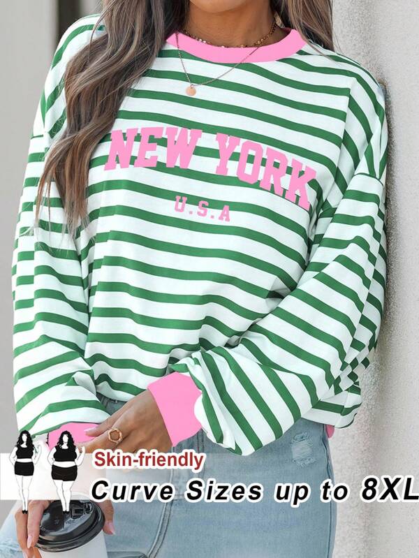 SHEIN CURVE+ Plus Size Casual Letter Pattern Loose Striped Sweatshirt, Back To School Season,Fall Clothes For Womenfall Clothes For Women,Winter,CURVE PLUS