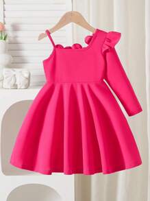 Young Girls Fuchsia Dress With 3D Beaded Floral Decor, Waist Cinched A-Line Long Sleeve Dress, Suitable For Birthday Party, Spring/Autumn