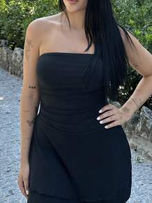 Lucia Bellido Vestido mini sexy sin tirantes con estampado de leopardo y dobladillo de volantes de doble capa - Negro - Ver 4